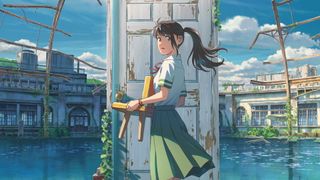 Suzume key art featuring Suzume, a chair, and a door standing in ruins