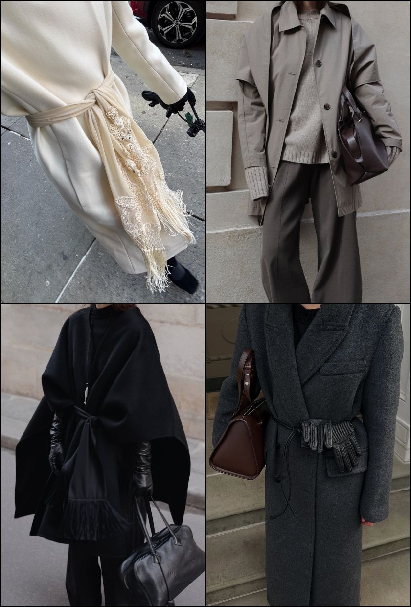 close-up shots of a cream lace fringe scarf, brown leather bowling bag, black satin fringe scarf, and grey boxy wool coat