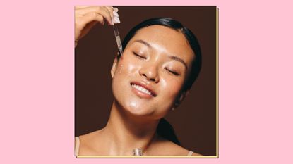 Collage of image showing woman applying skincare with a pipette