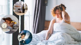 A woman waking up groggy with images of the sleep habits that make you age quicker