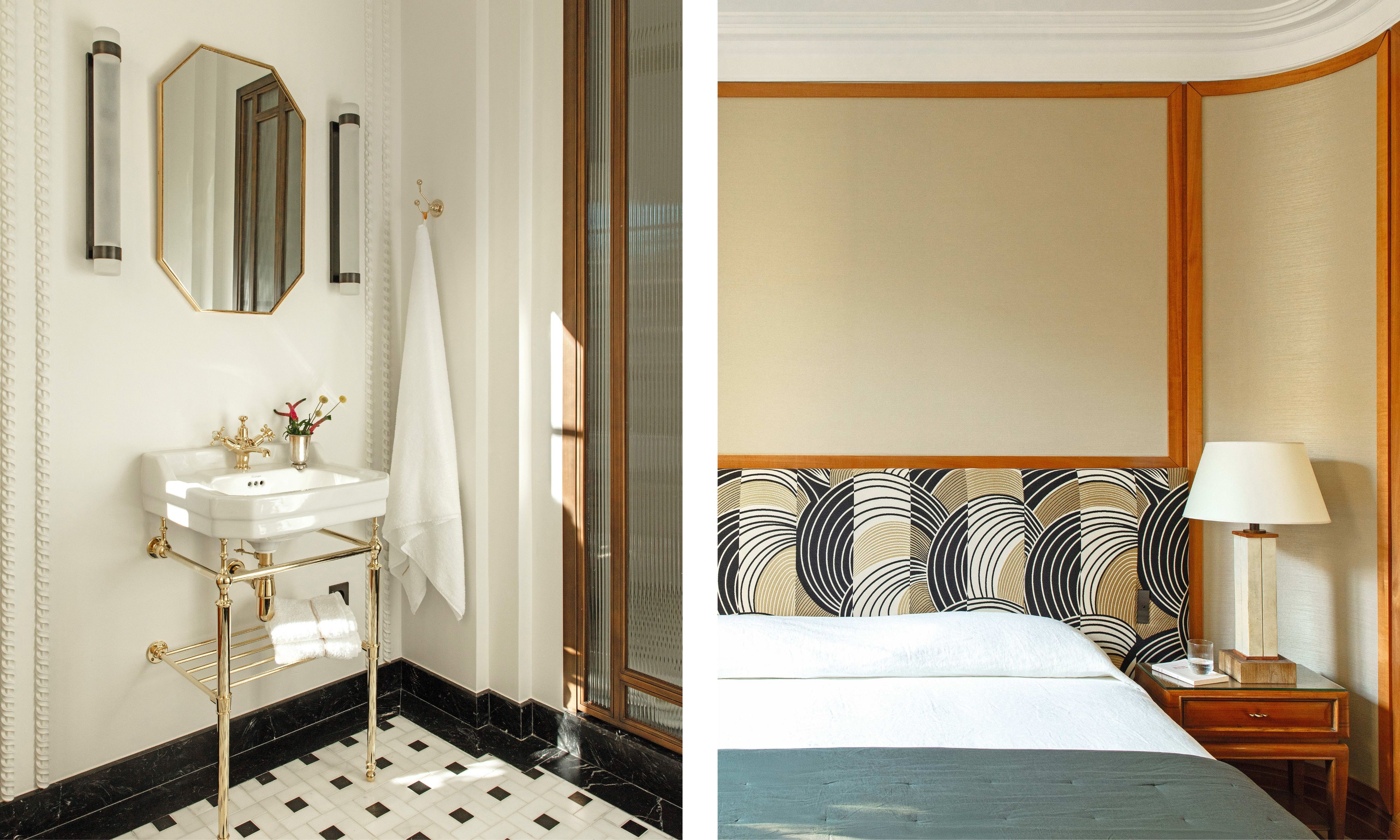Left: A classic pedestal washbasin with brass fixtures set against white walls and a black-and-white checkered floor.Right: A detailed view of a bedroom featuring a patterned Art Deco headboard, warm wood paneling, and a stone-base bedside lamp.