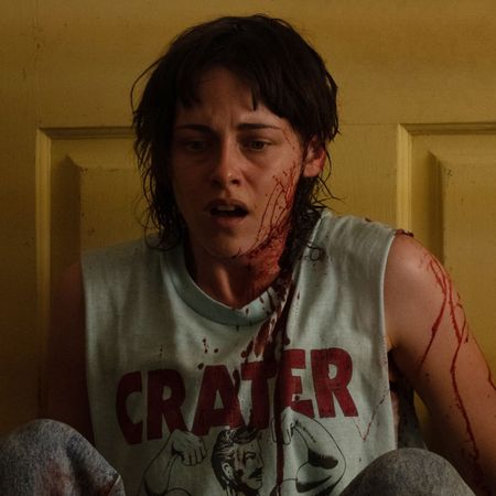 kristen stewart looks shocked covered in blood in the movie love lies bleeding