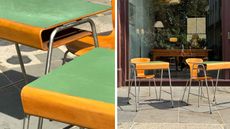 School desks and chairs by Arne Jacobsen, with green desk tops and wood veneer details
