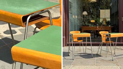School desks and chairs by Arne Jacobsen, with green desk tops and wood veneer details