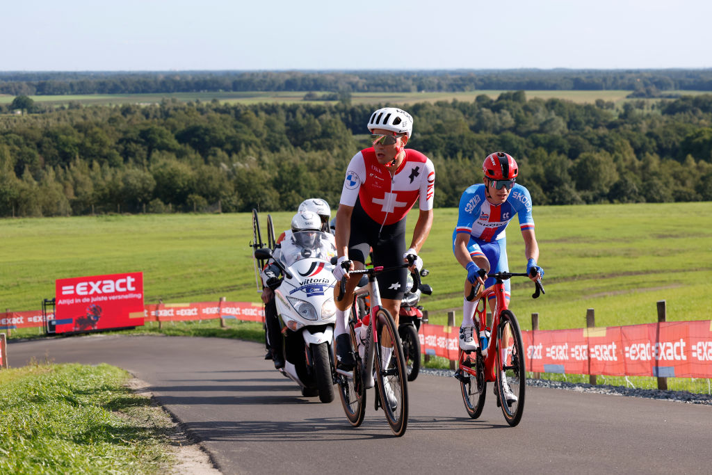 COL DU VAM NETHERLANDS SEPTEMBER 24 LR Stefan Bissegger of Switzerland and Mathias Vacek of Czech Republic compete in the breakaway during the 29th UEC Road Cycling European Championships 2023 Elite Mens Road Race a 1998km one day race from Assen to Col du VAM UCIWT on September 24 2023 in Col du VAM Netherlands Photo by Bas CzerwinskiGetty Images
