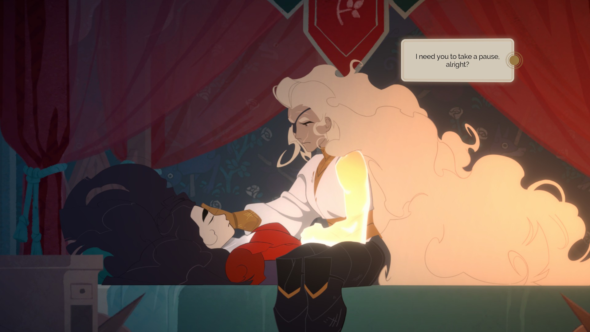 An older sister carefully stroking the hair of her younger sister in At Fate's End.
