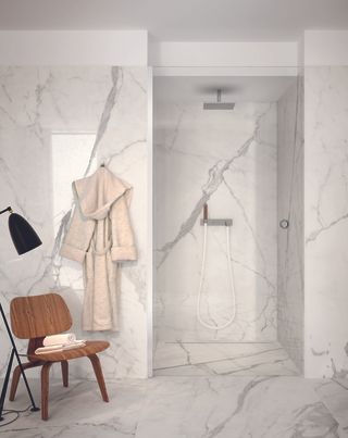 marble effect porcelain tiled bathroom with shower