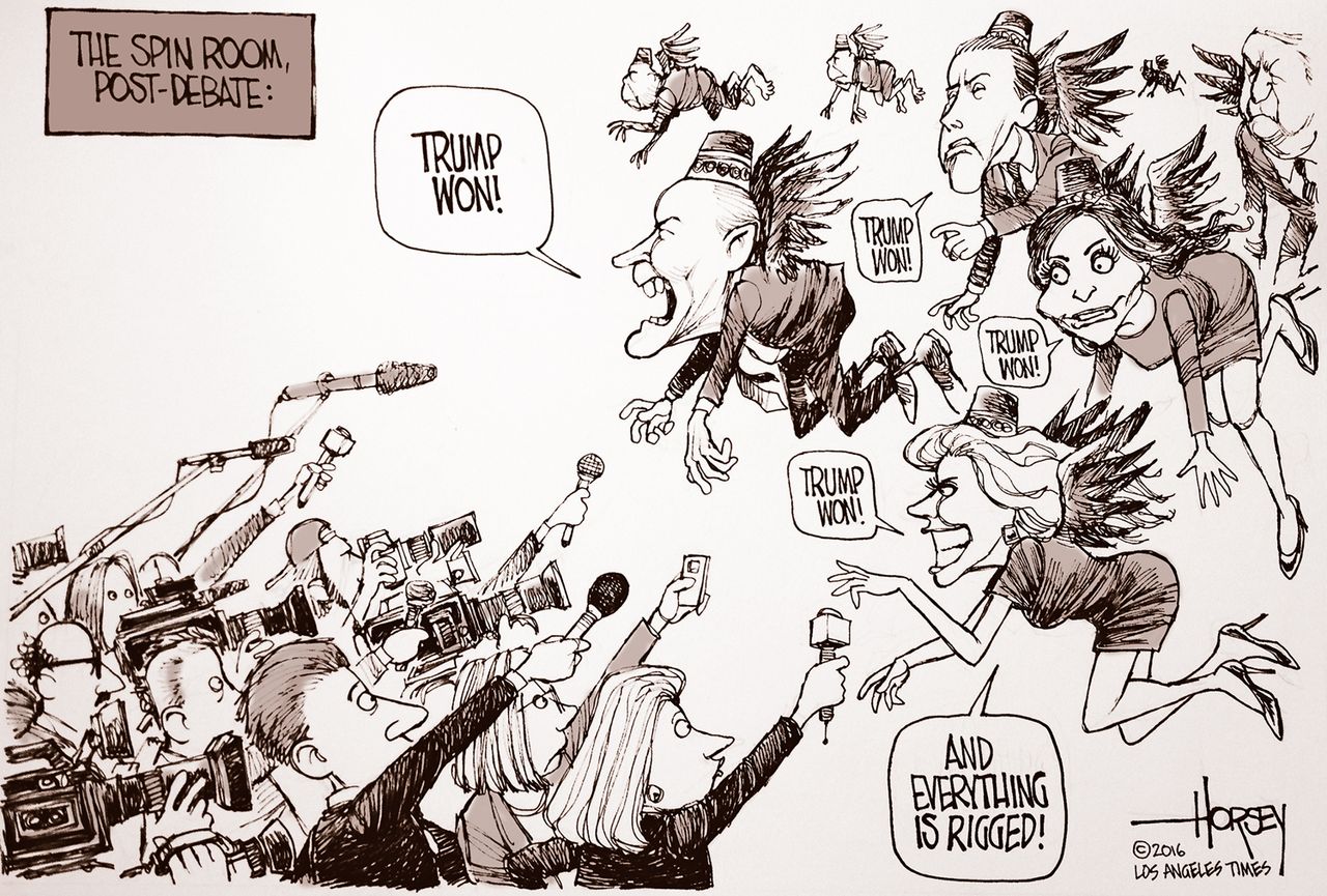 Political cartoon U.S. presidential debate spin room