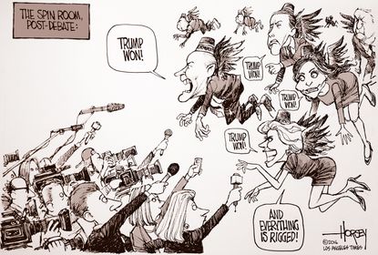 Political cartoon U.S. presidential debate spin room