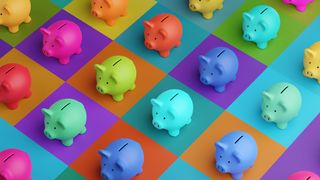 An array of colourful piggy banks laid out in a grid