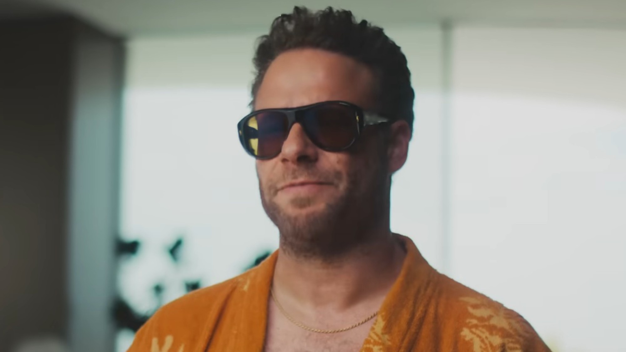 Seth Rogen wearing sunglasses in Good Fortune