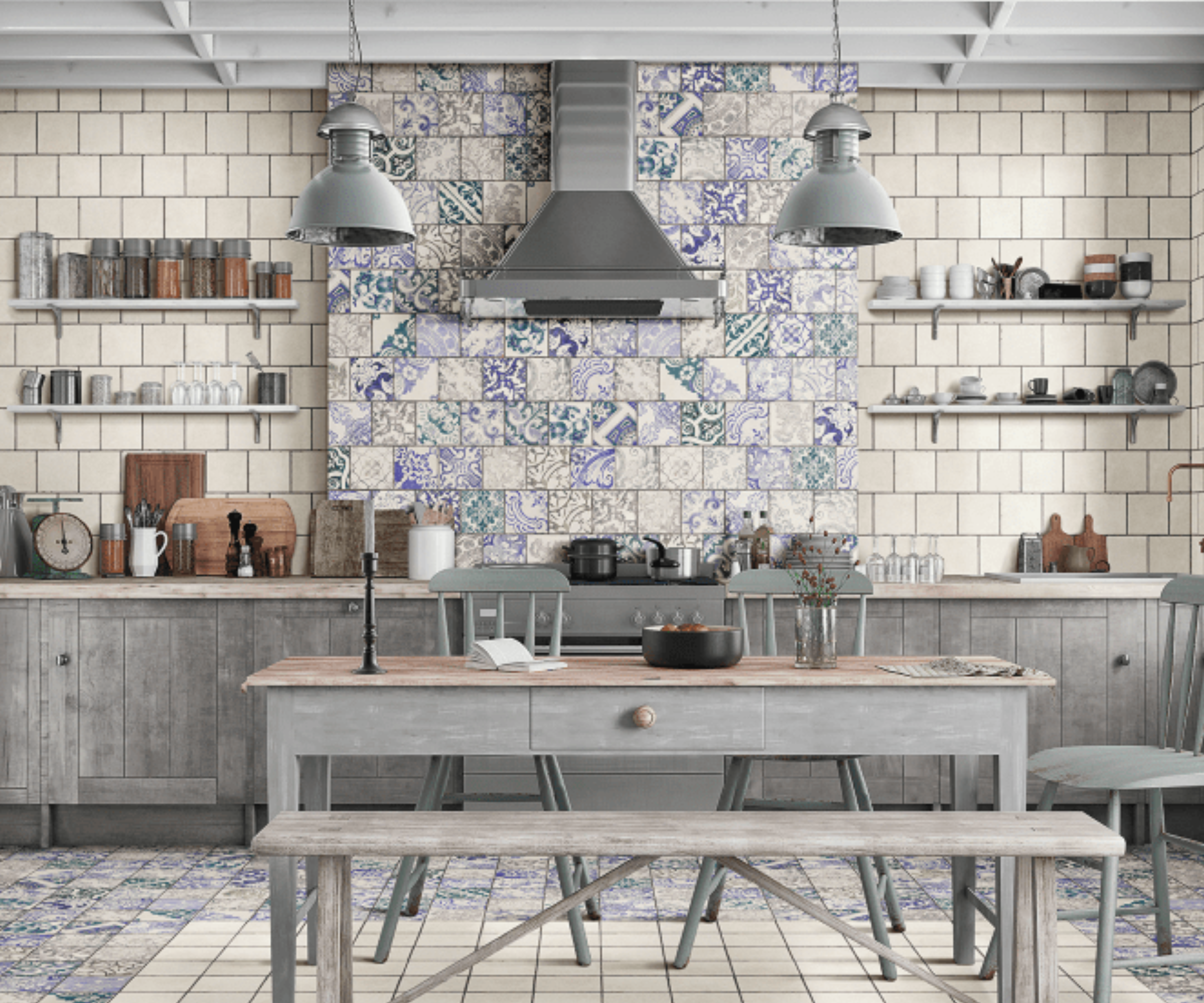 kitchen diner with patterned blue and white floor and wall tiles