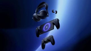 PlayStation Portal Midnight Black next to headset, earbuds, and DualSense edge controller