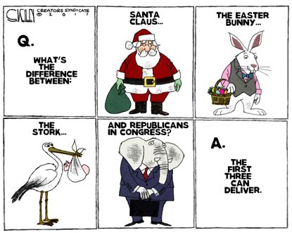 Political cartoon U.S. GOP health-care bill Senate Republicans Santa Claus Easter