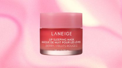 The Laneige lip mask pictured on a pink and cream abstract template