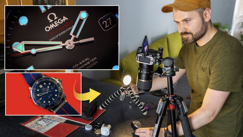 A man photographing watches with a camera and macro lens set up on a tripod whilst holding an LED light in one hand. There are two inset shots of close-ups of watch faces to show what is achievable with this setup.