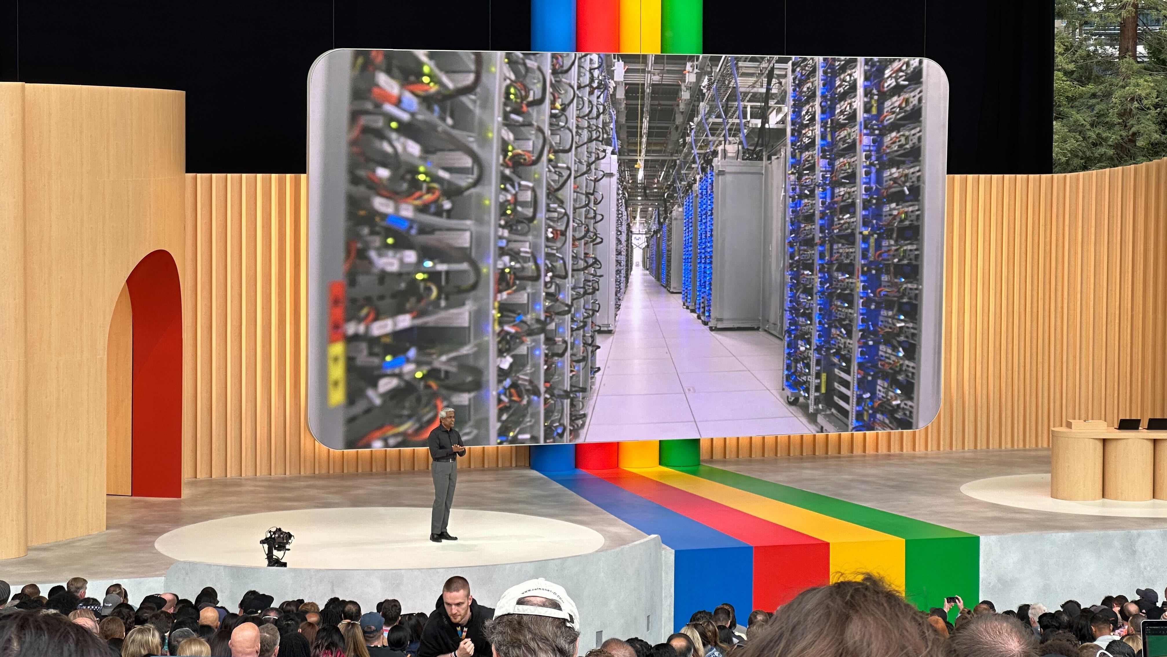 Google Tensor server backdrop on stage at Google I/O 2023