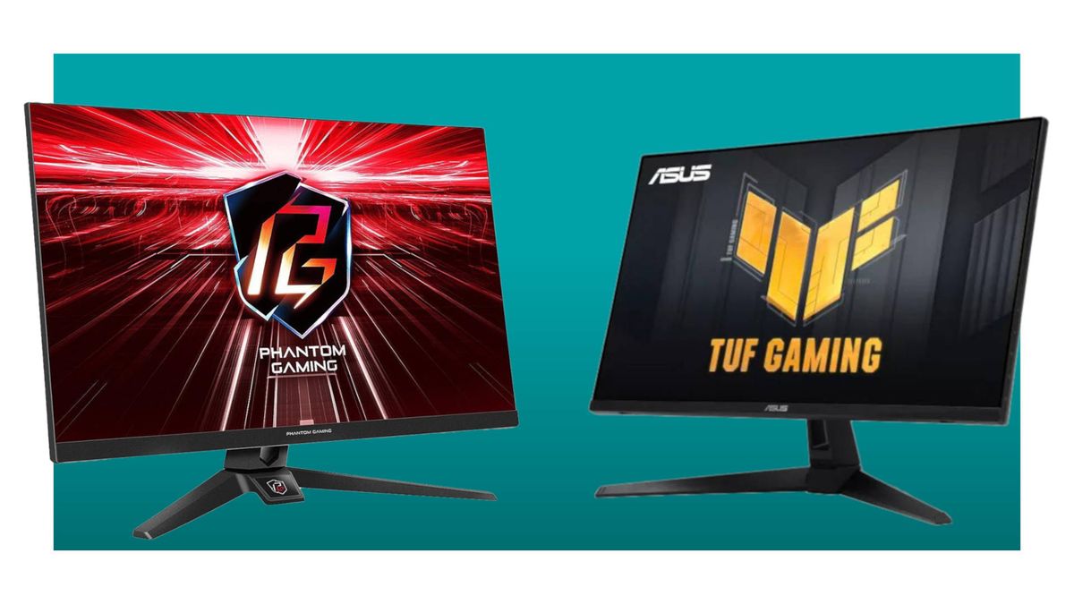 ASRock and Asus gaming monitors against a teal background, with a white border