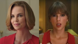 Charlize Theron in Long Shot/Taylor Swift in Anti-Hero Music Video side by side