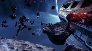 Destiny 2 Lightfall guardians hopping across rocks in space to reach a spaceship