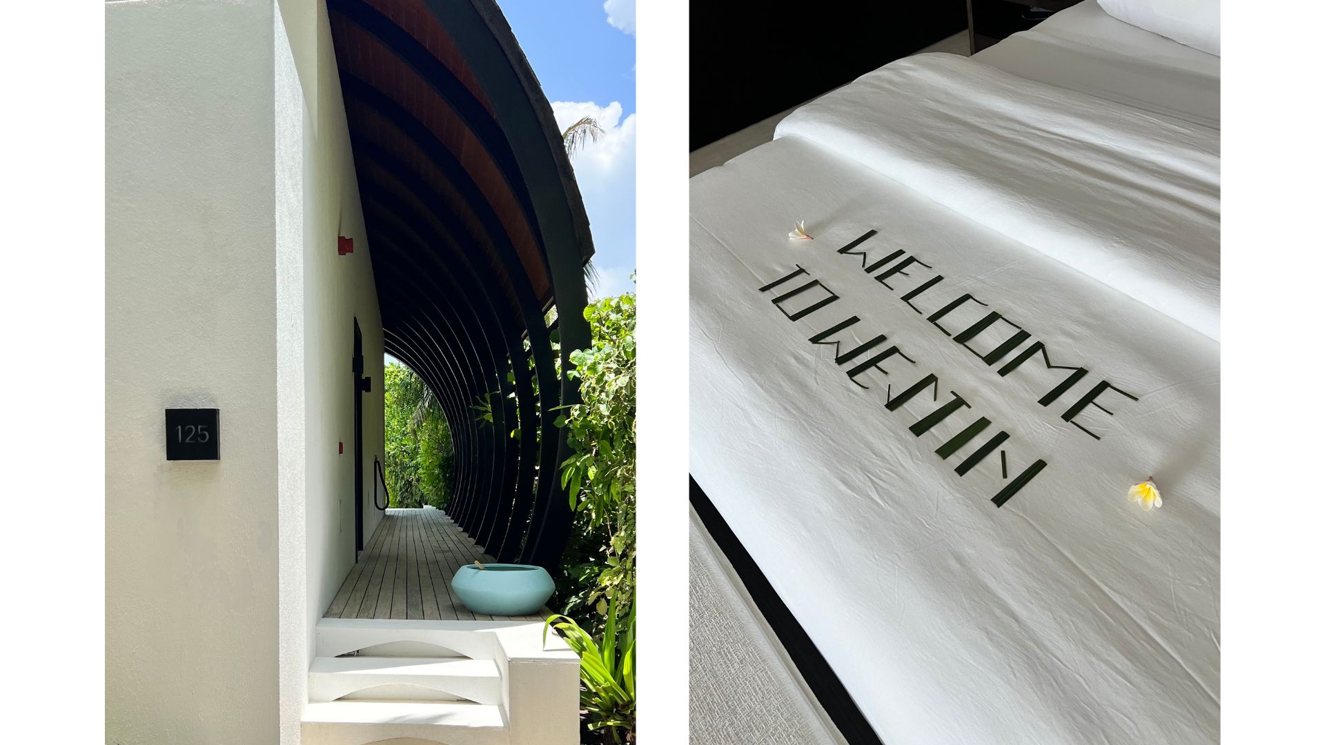 beachfront villa entrance and bed saying 'Welcome to Westin' at the The Westin Maldives Miriandhoo