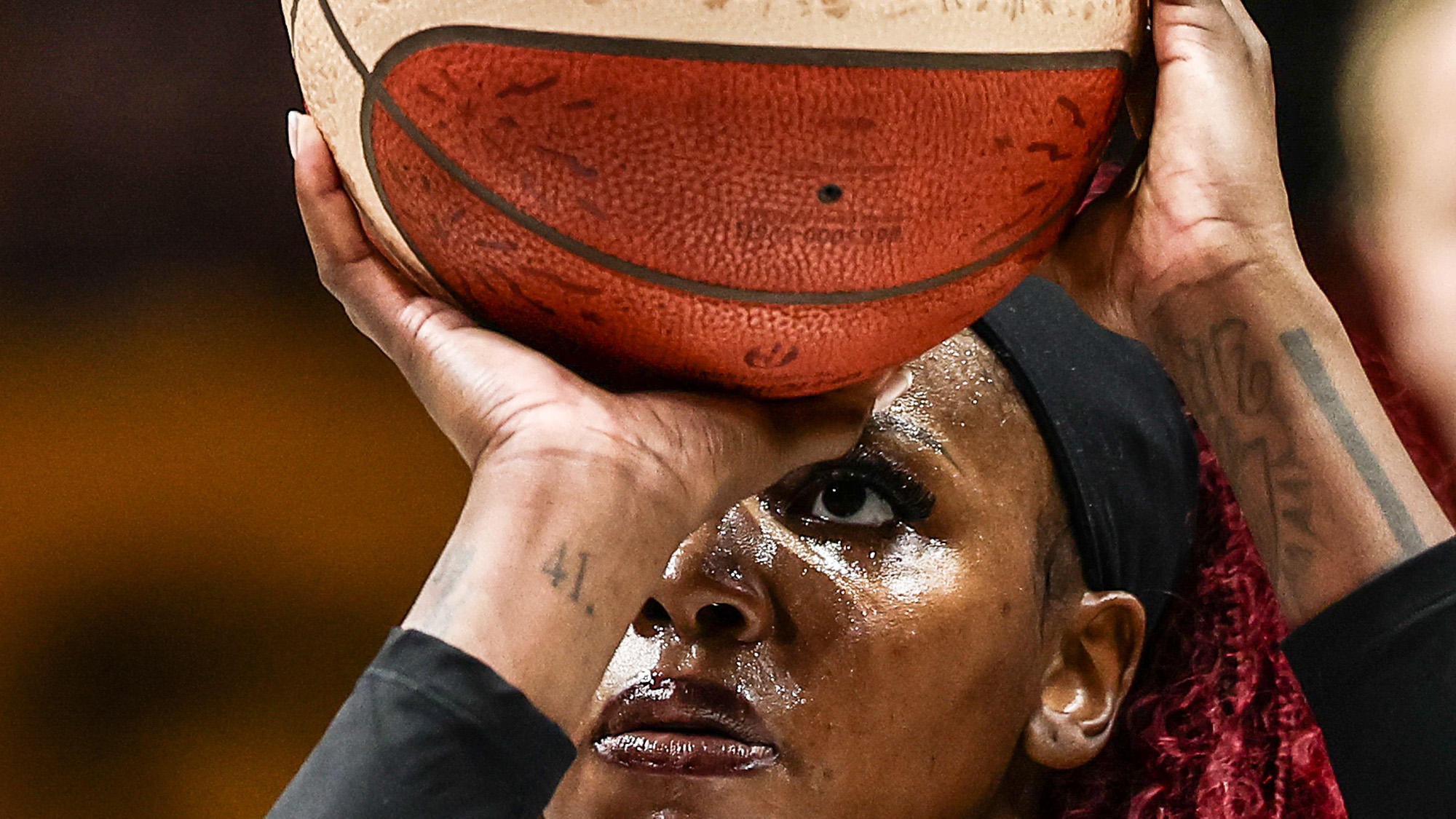 American-German basketball player Alexis Peterson takes aim during the FIBA Women's World Cup 2026 semifinal match between Germany and France in Berlin, Germany