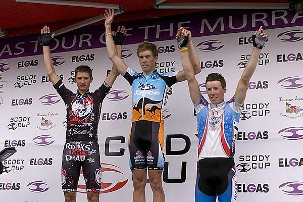 The stage fourteen podium (l-r): David Tanner (2nd,NSWIS), Rohan Dennis (1st,Jayco/AIS), and Tom Robinson (3rd,Lawson Homes).