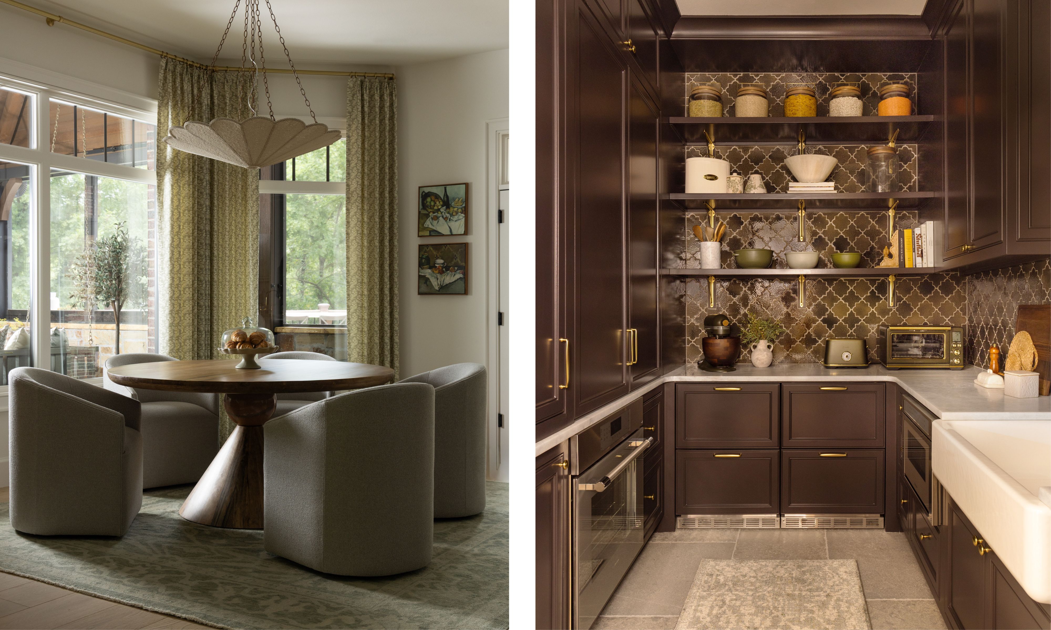 two side by side images of a breakfast area and a dark painted scullery kitchen