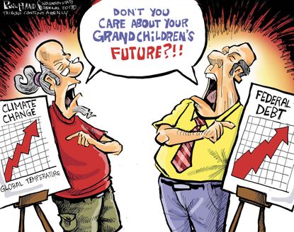 Political cartoon U.S. Climate change federal debt economy grandchildren parenting