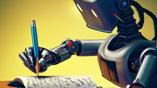 An AI-generated image of a robot writing in a book.