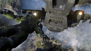 Master Chief jumping from a Pelican in Halo Infinite