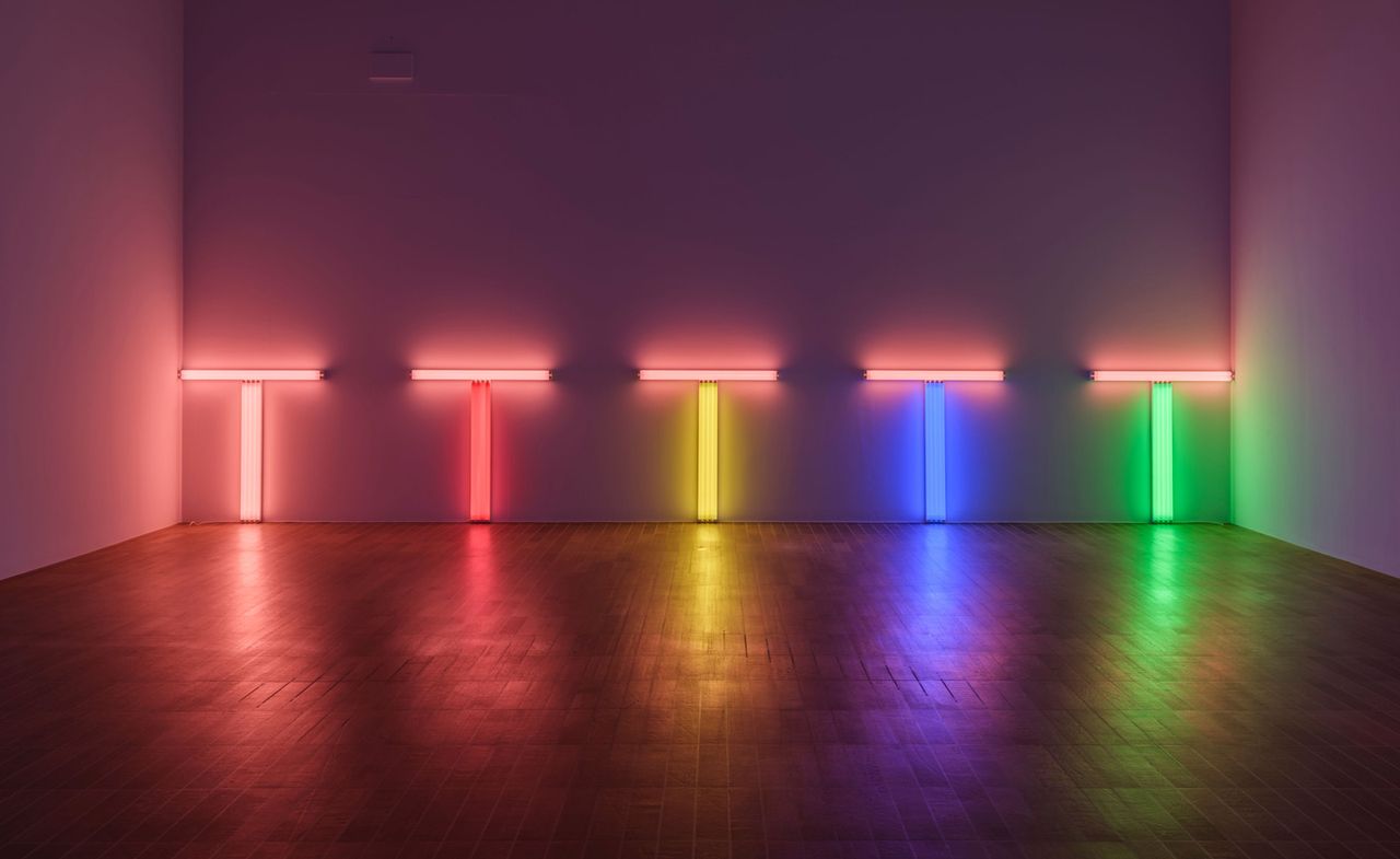 neon lights by Dan Flavin in gallery