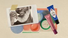 Photo collage of various lip balms and a person putting on lip balm