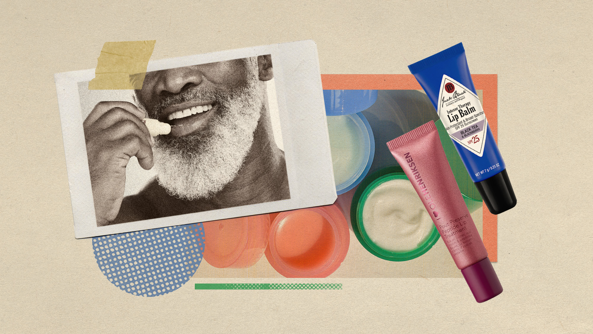 Photo collage of various lip balms and a person putting on lip balm