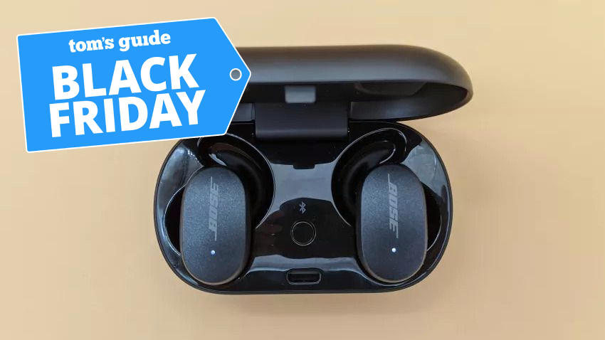 Bose QuietComfort earbuds with black friday tag superimposed