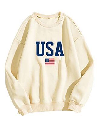 Avanova Women's Usa Flag Graphic Letter Print Long Sleeve Pullover Sweatshirt Loose Top Letter Beige Small