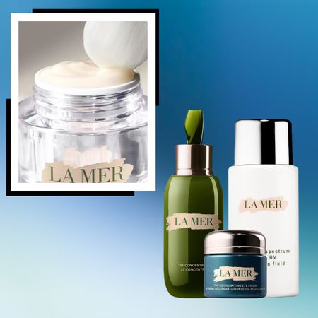 la mer skincare bottles on a blue background