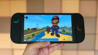 A photo of the Super Mario Pack for Minecraft being played on a Nintendo Switch 2 showing a giant Mario.