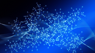 A series of bright blue dots connected by small lines over a darker blue background