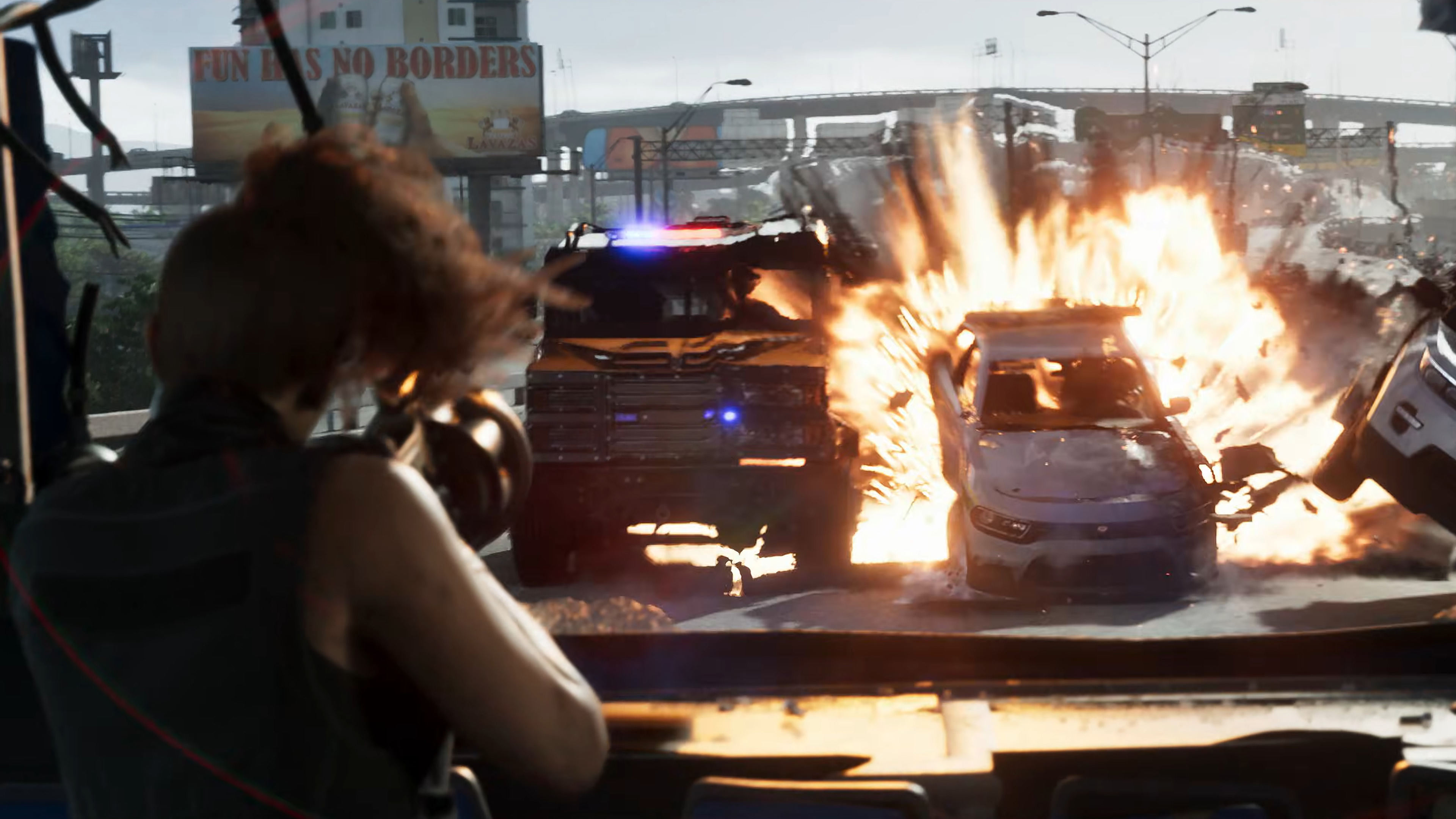 Lucia destroys police vehicles with a Grenade Launcher during the second GTA 6 trailer