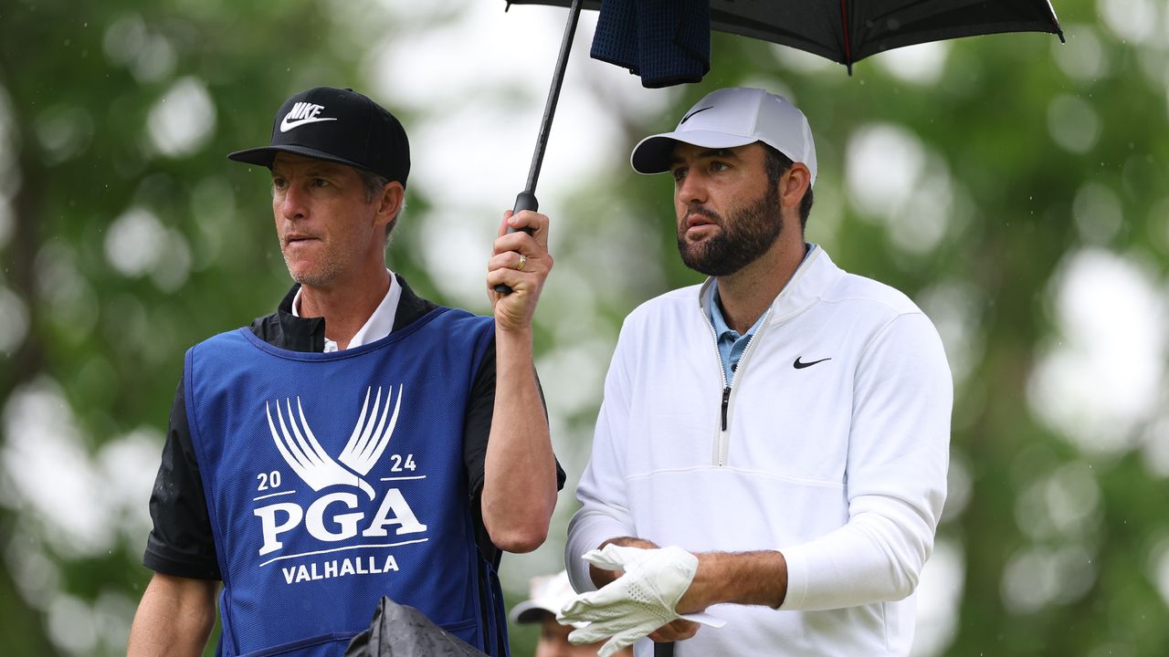 Scottie Scheffler and caddie Ted Scott during the second round of the PGA Championship 