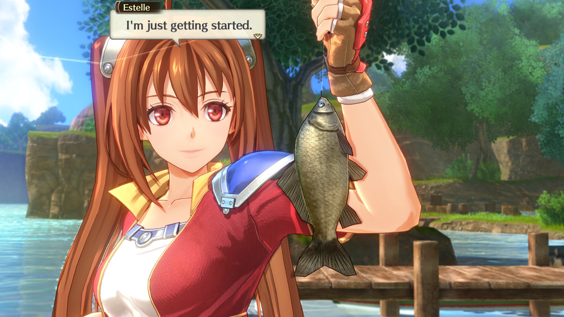 Estelle catching a fish during the Switch and Switch 2 RPG, Trails in the Sky 1st Chapter