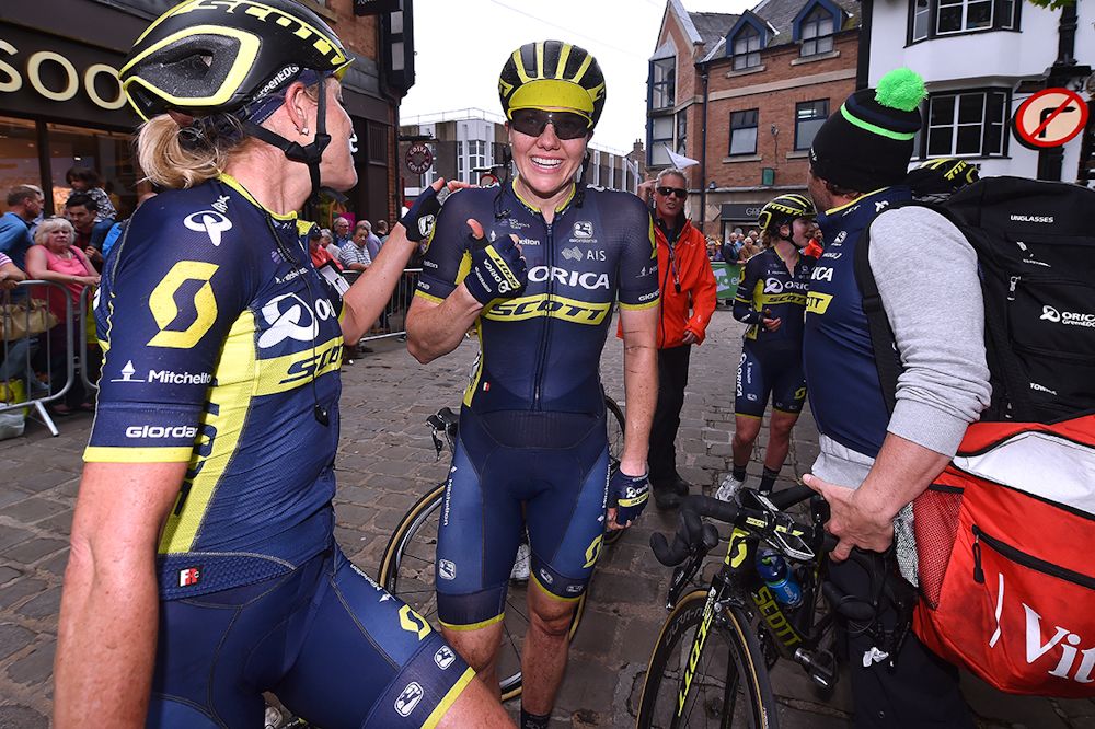 Orica Scott celebrate Sarah Roy's win on stage 4 at the Women's Tour