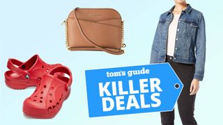 Crocs, jean jacket and purse with killer deals tag