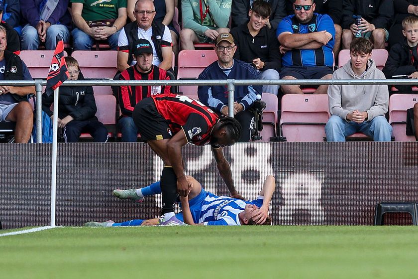 Maxim de Cuyper collides with the advertisement hoardings against Bournemouth