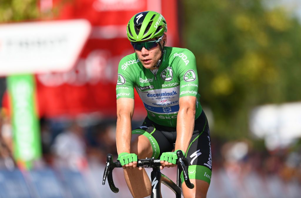 VILLANUEVA DE LA SERENA SPAIN AUGUST 27 Fabio Jakobsen of Netherlands and Team Deceuninck QuickStep green points jersey crosses the finishing line during the 76th Tour of Spain 2021 Stage 13 a 2037km stage from Belmez to Villanueva de la Serena lavuelta LaVuelta21 on August 27 2021 in Villanueva de la Serena Spain Photo by Stuart FranklinGetty Images