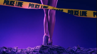 Promotional image showing a dancer's legs atop a pile of ill-gotten dollars in Sex, Money, Murder true crime docuseries on Hulu 