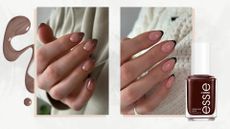 On the left is a picture of a hand with ombre brown French tip nails, and on the right, a picture of a hand with almond-shaped, dark brown French tip nails, both created by nail artist, Fliss Alton/@gelsbyfliss/ featured in a white and grey marble-look template with a brown nail polish spill and a product shot of essie's Odd Squad nail polish.