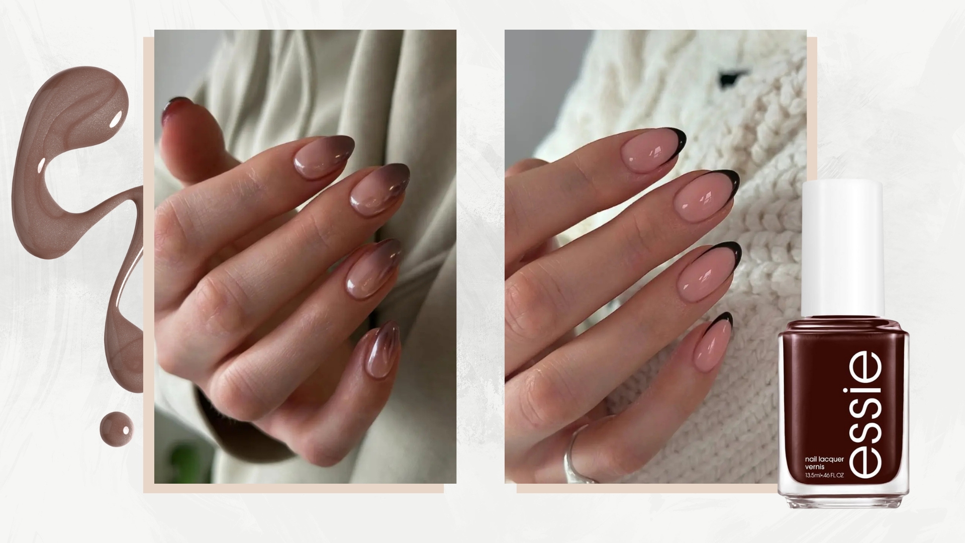 On the left is a picture of a hand with ombre brown French tip nails, and on the right, a picture of a hand with almond-shaped, dark brown French tip nails, both created by nail artist, Fliss Alton/@gelsbyfliss/ featured in a white and grey marble-look template with a brown nail polish spill and a product shot of essie&#039;s Odd Squad nail polish.