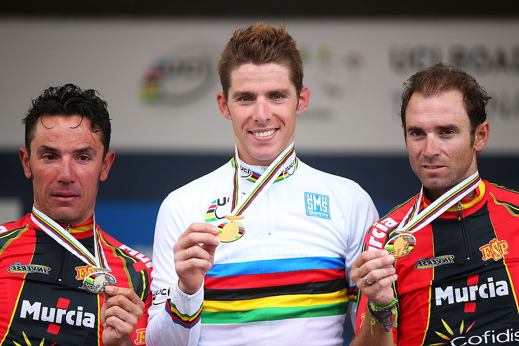 2013 Road World Championships: Rui Costa (c) celebrates victory in the elite men&#039;s road race